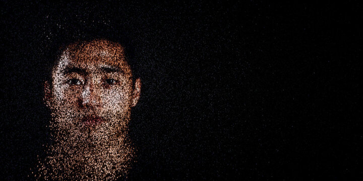 Digital ID Portrait of Asian Man with Face made up of Computer code. Multi-factor authentication Concept with copy-space.