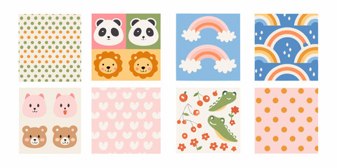 pastel colored nursery wall art collection featuring cute animals rainbows and patterns panda lion crocodile bear dots hearts vector illustration © Pabitra