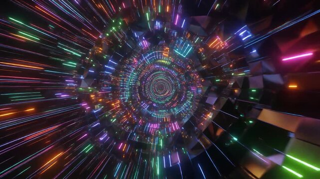 渦巻く3Dの幾何学的なデータポイントと多面体クラスターを飛ぶダイナミックな視点