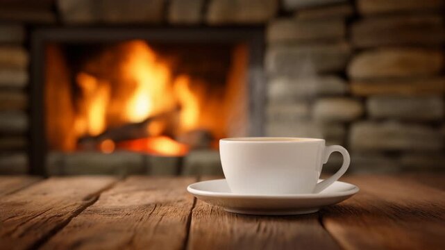 重厚な木製テーブルに置かれた湯気が立ち上る白い陶器のコーヒーカップ