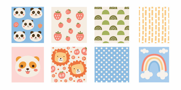 collection of cute animal and fruit patterns on pastel backgrounds panda lion strawberry rainbow dots stripes arcs cartoon illustration vector