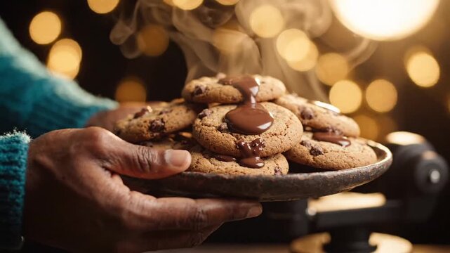 A close up of a person holding a plate of warm, steaming chocolate chip cookies with melted chocolate on top, against a bokeh background, ideal for comfort food and dessert themes