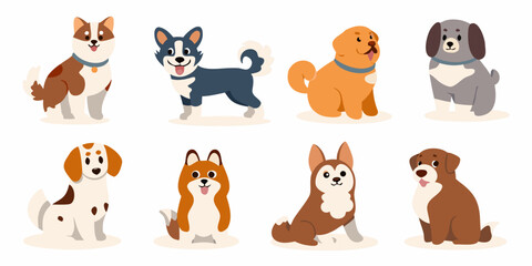 Fototapeta premium various dogs in cute flat vector style on white background puppies canines pets animals illustration set design graphic art cartoon