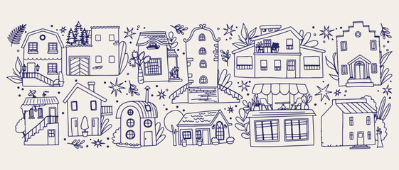 Old European town doodle background, vintage city architecture line art pattern, cozy houses sketch illustration, streets lifestyle seamless texture, travel tourism icon set, historic buildings elemen © Geetaroy