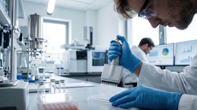 Scientist using multichannel pipette to transfer liquid samples into microplate for genetic research in modern medical laboratory, pharmaceutical drug development concept