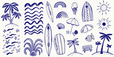 hand drawn blue summer beach doodles on white background hand drawn palm trees surfboards waves rainbows jellyfish shells fish sun umbrella bench © Pabitra