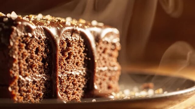 A close-up of a steaming slice of rich chocolate cake with frosting and sprinkles on a dark plate, perfect for dessert menus or food blogs