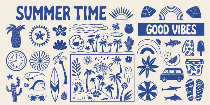 summer time illustration set with palm trees surfboards and beach elements sun waves rainbow ice cream flip flops clock fish