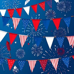 Fototapeta premium Independence Day Celebration Background with Fireworks and Bunting Flags.