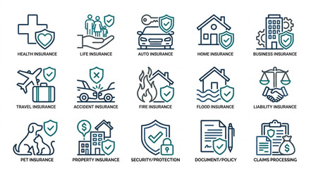 Plakat Collection of Insurance Icons Representing Various Types of Coverage.