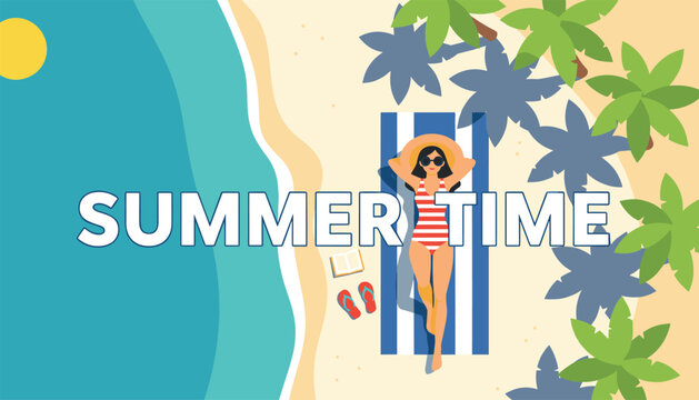Relaxing aerial view of a woman in a striped swimsuit sunbathing on a beach towel under palm trees with text saying summer time.