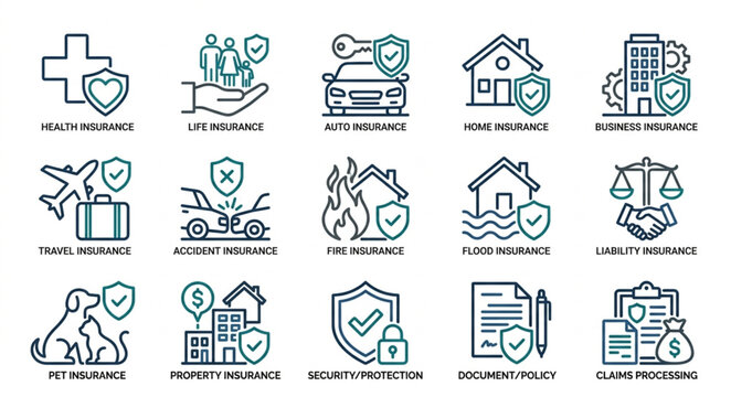 Collection of Insurance Icons Representing Various Types of Coverage.