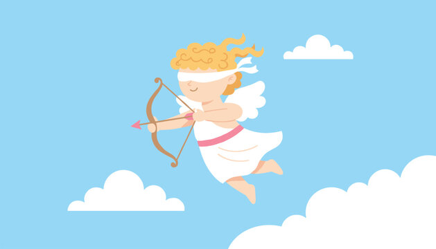 Classic blindfolded cupid figure flies through blue skies with white clouds while aiming his bow and arrow for love.