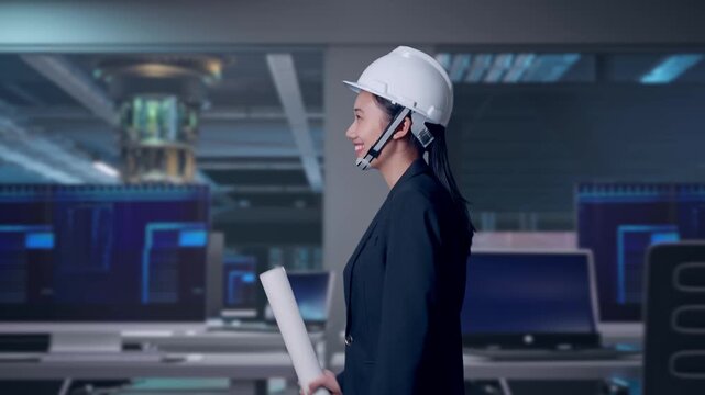 Side View of Asian Businesswoman Walking and Speech at Futuristic Quantum Computer Data Center Control Room