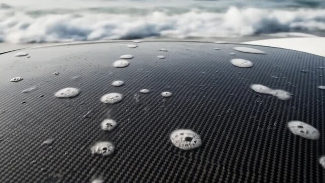 Ocean water and foam washing off a carbon fiber surfboard, close-up.