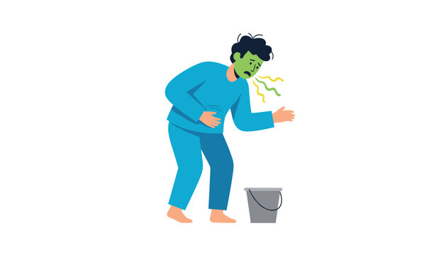 Sick man in blue pajamas feels nauseous and looks unwell as he stands over a bucket against a plain white background.