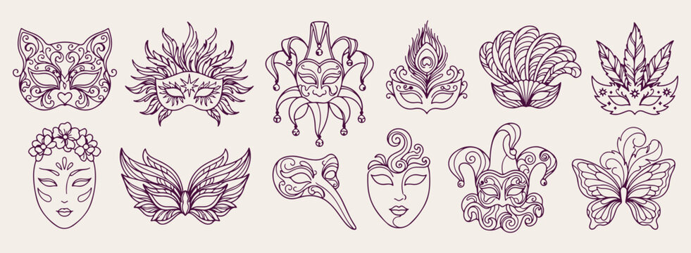 Venice carnival masks doodle background, Italian culture line art pattern, traditional festival sketch illustration, party celebration seamless texture, masquerade icon set, grand theatre elements wal