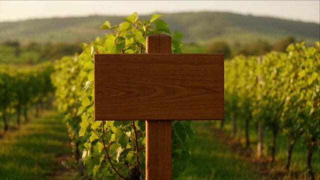 Cinematic blank wooden sign background green vineyard sunset landscape with grapevine row grape agriculture farm field scenery and warm countryside atmosphere summer rustic nature landscape view