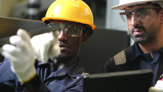 Close up of technician checking machined component for quality and surface condition during manufacturing process. Slow motion industrial inspection and quality assurance workflow.