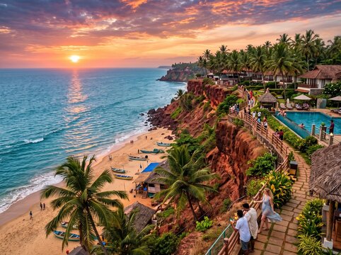 Tourists Enjoying Sunset View by Clifftop Infinity Pool at Varkala Beach Coast