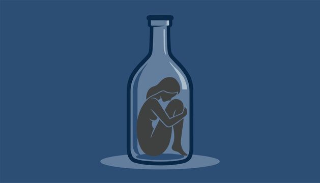 Emotional silhouette of a woman sitting curled up inside a large glass bottle representing feelings of isolation and being trapped.