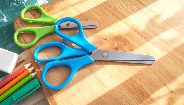 Colorful school supplies featuring blue and green scissors on a wooden table.