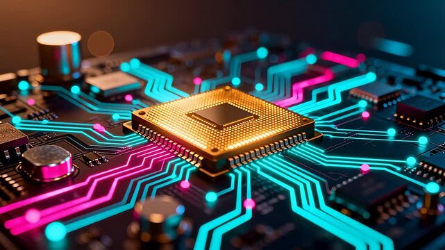 Closeup of a glowing circuit board