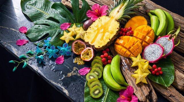 Overflowing tropical fruit arrangement on slate and driftwood surface