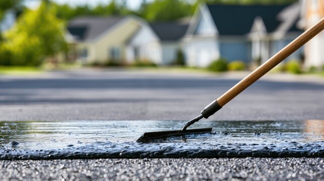 Repairing a paved surface with a tool, residential background