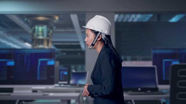 Side View of Asian Businesswoman Walking and Smiling at Futuristic Quantum Computer Data Center Control Room