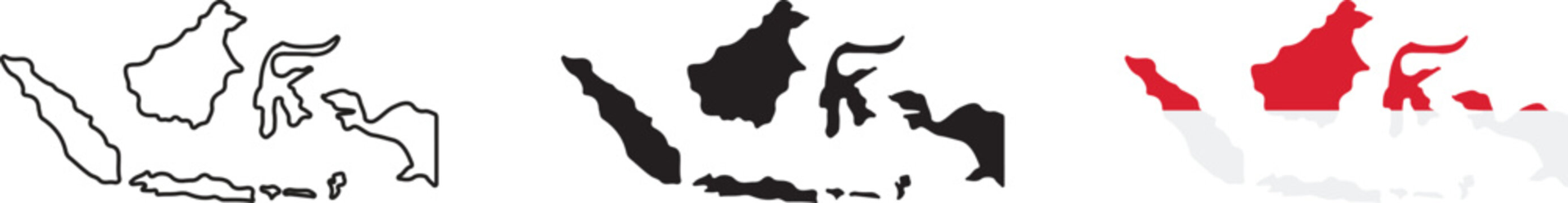Three variations of the indonesia country map outline, including a black line a solid black silhouette, and a version filled with the red and white indonesian national flag colors
