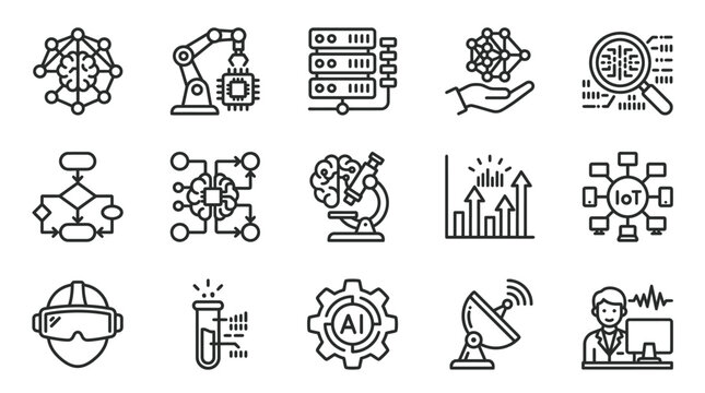 Modern Black and White Line Icons Set Featuring Technology AI Robotics Data Science and Innovation Concepts
