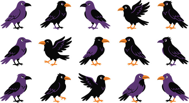 Halloween ravens and crows pattern set for spooky designs