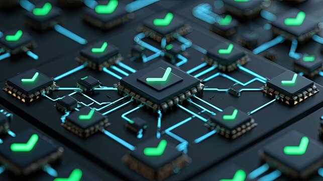 Intricate network of glowing processors with green checkmarks, digital connections