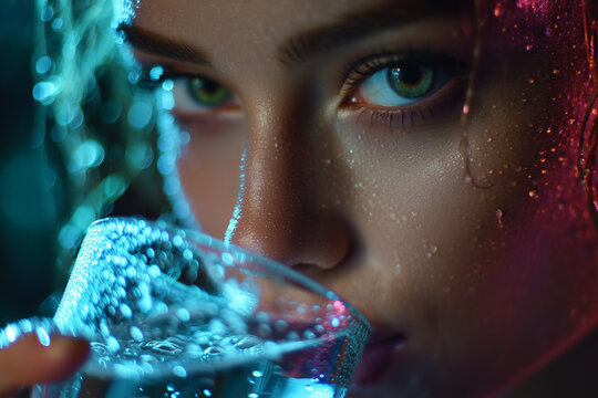 Young woman drinking water slowly with droplets on her face in cinematic light  