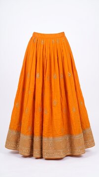 Generative AI illustration of a beautiful Indian woman wearing a traditional vibrant orange lehenga choli with golden embroidery, festive ethnic wear fashion design