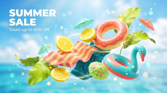 Floating summer objects create a bright, playful banner on aqua backdrop.