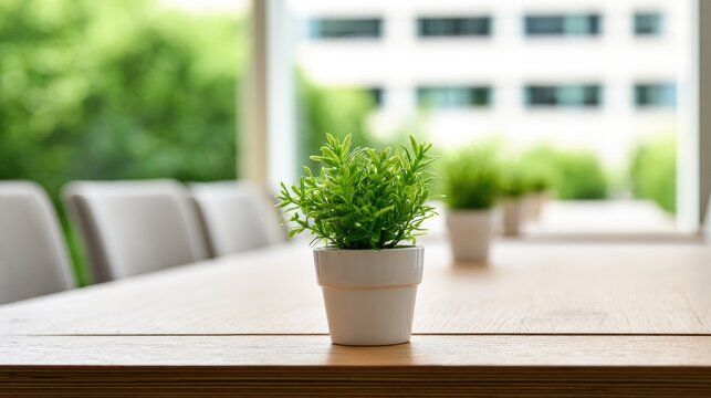 Small green plant in white pot on wooden table, blurred background