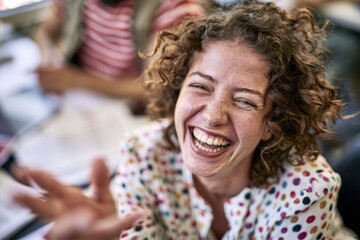 Fototapeta premium Young woman with curly hair laughing heartily