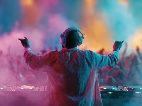 DJ performing for a crowd at a vibrant nightclub with colorful lights and smoke