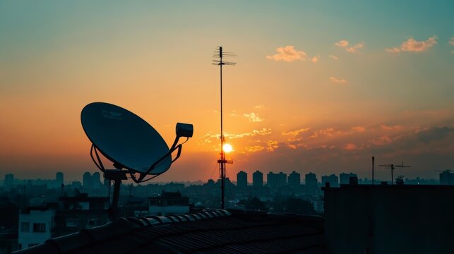 Sunset cityscape with satellite dish and antenna on rooftop.