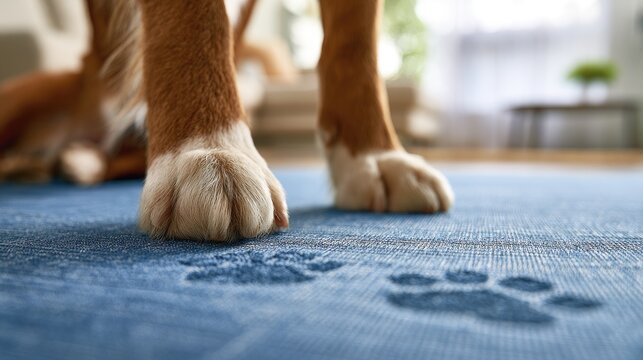 Close-up of furry paws leaving wet paw prints on a blue rug
