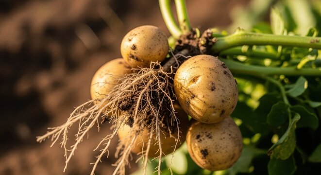Freshly Harvested Potato Tubers Attached to Roots and Plant Stems in Rich Soil