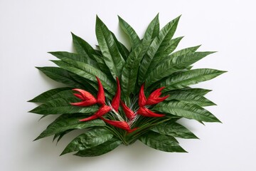 Fototapeta premium A beautiful arrangement of vibrant red heliconia flowers surrounded by lush green leaves isolated on white background