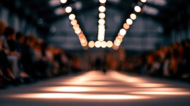 Blurred runway lights illuminate a seated audience at a dimly lit, atmospheric event