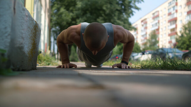 Man doing push-ups outdoors in a simple environment with effort  