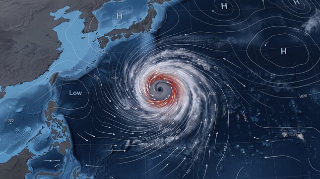 Powerful satellite view of a massive tropical cyclone over the western Pacific with dramatic spiral clouds, intense storm eye and weather isobars