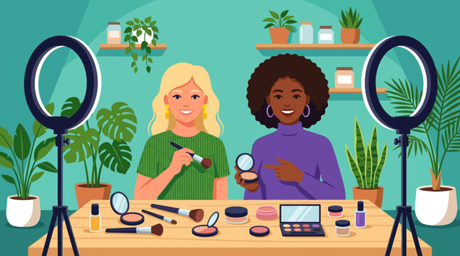 Smiling young women, a blonde and a woman of color, film a beauty tutorial with ring lights and makeup products for their social media channel.