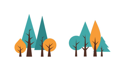 Colorful illustration of trees with changing leaves with graphic illustration two groups trees different colored leaves trunks white background © Sudha