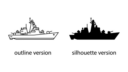 Warship Outline and Silhouette: A graphic representation showcasing a naval warship in both an outline and a solid silhouette form, highlighting its detailed structure and iconic shape. © md1